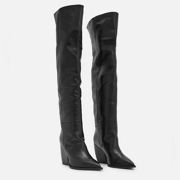 All Saints Shoes - AllSaints REINA Knee High Black Leather Pointed Toe Boots Women’s Size 9